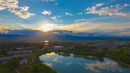 Aerial photograph of sunset over a lake in Boulder, Colorado