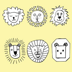 Collection of lions. Portrait  a lion. 's Head. Mane. Drawing hand. Graphic arts. Children' . Line art. Decorative. Stylized. Dudling.