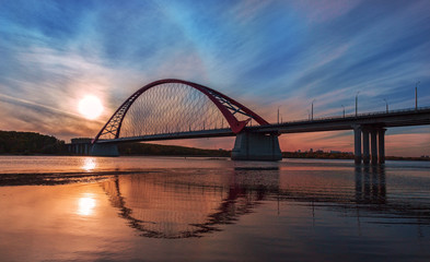 Autumn evening on the Ob river near the new bridge. Novosibirsk.