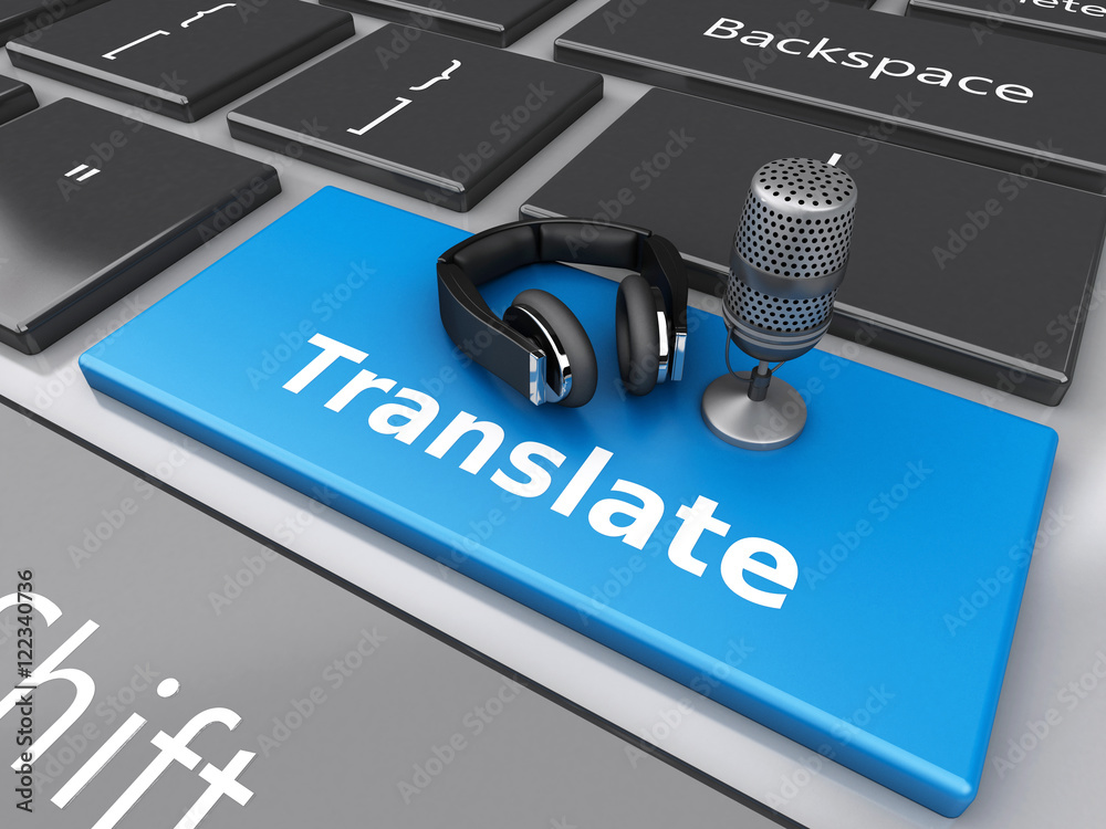 Fototapete 3d word translate with mic and headphones on computer keyboard.