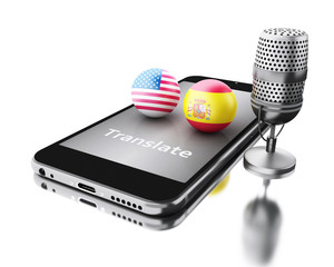 Fototapeta na wymiar 3d Smartphone with word translate and a mic.