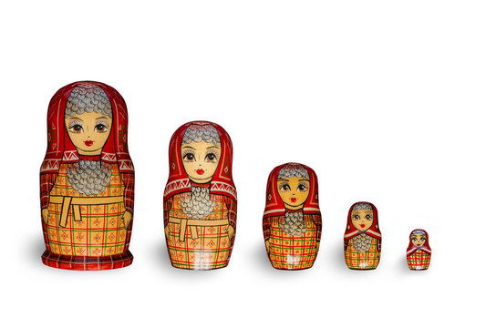 Matryoshka. Five red dolls.