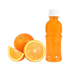 Orange fruit with Orange juice in plastic bottle on white 