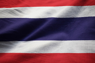 Closeup of Ruffled Thailand Flag, Thailand Flag Blowing in Wind