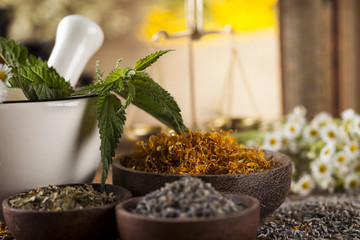 Herbs, berries and flowers with mortar, on wooden table backgrou