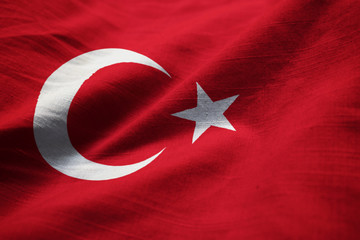 Closeup of Ruffled Turkey Flag, Turkey Flag Blowing in Wind