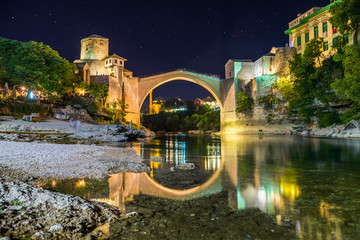 Mostar Skyline at Night - obrazy, fototapety, plakaty