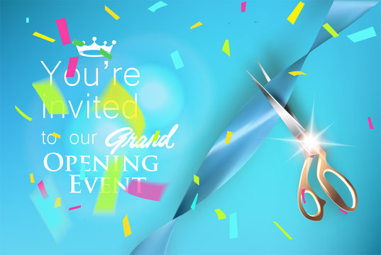 Grand opening blue invitation card with satine ribbon, colorful confetti and scissors