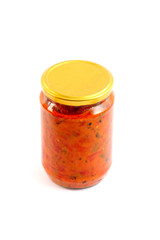 Traditional Macedonian food. Luteniitza in jar . homemade product