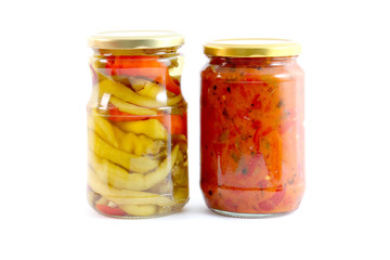 picture of a Traditional Macedonian food Luteniitza in jar and chilli paprika in jar. homemade product