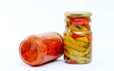 Traditional Macedonian food Luteniitza in jar and chilli paprika in jar. homemade product