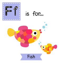 F letter tracing. Colorful Fish swimming. Cute children zoo alphabet flash card. Funny cartoon animal. Kids abc education. Learning English vocabulary. Vector illustration.