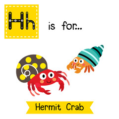 H letter tracing. Colorful Hermit Crab. Cute children zoo alphabet flash card. Funny cartoon animal. Kids abc education. Learning English vocabulary. Vector illustration.