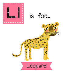 L letter tracing. Standing Leopard. Cute children zoo alphabet flash card. Funny cartoon animal. Kids abc education. Learning English vocabulary. Vector illustration.