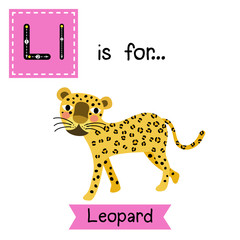 L letter tracing. Walking Leopard. Cute children zoo alphabet flash card. Funny cartoon animal. Kids abc education. Learning English vocabulary. Vector illustration.