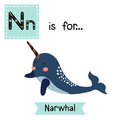 N letter tracing. Dark blue Narwhal. Cute children zoo alphabet flash card. Funny cartoon animal. Kids abc education. Learning English vocabulary. Vector illustration. © natchapohn