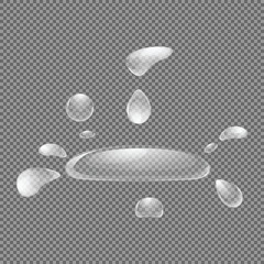 Set of transparent drops of water. The drops of dew.Puddle and splashes. Vector illustration.
