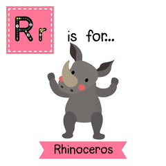 R letter tracing. Rhinoceros standing on two legs. Cute children zoo alphabet flash card. Funny cartoon animal. Kids abc education. Learning English vocabulary. Vector illustration.
