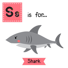 S letter tracing. Shark side view. Cute children zoo alphabet flash card. Funny cartoon animal. Kids abc education. Learning English vocabulary. Vector illustration.