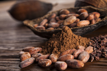 Cacao beans and powder and food dessert background