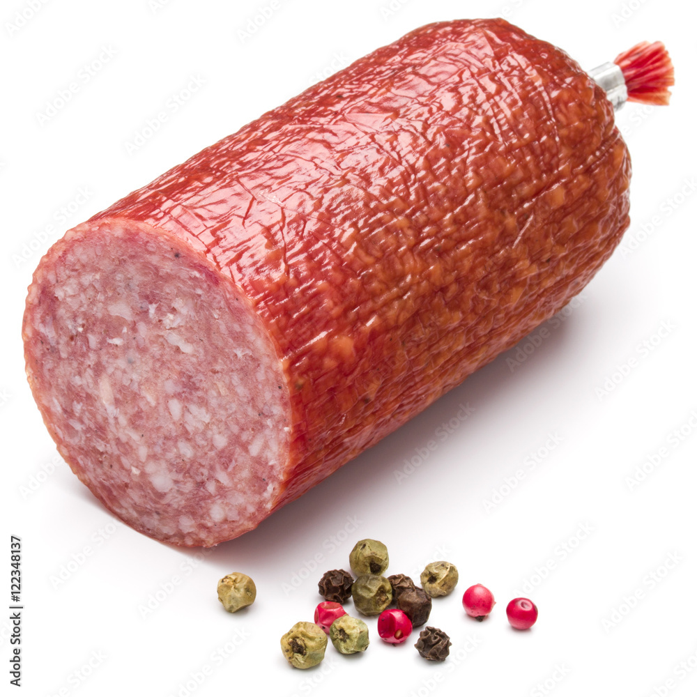 Wall mural Salami smoked sausage and peppercorns isolated on white backgrou