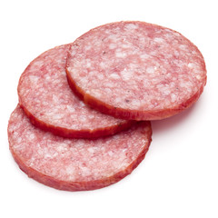 Salami smoked sausage three slices isolated on white background