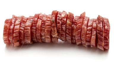 Salami smoked sausage slices isolated on white background cutout
