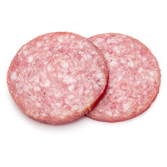 Salami smoked sausage two slices isolated on white background cu