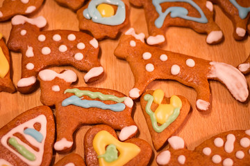Gingerbread colorful decorated cookies - Christmas bears, hearts