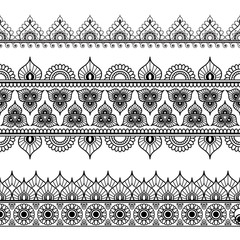 Border line lace mehndi elements in Indian style for card and tattoo isolated on white background.