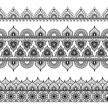 Border line lace mehndi elements in Indian style for card and tattoo isolated on white background.