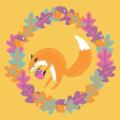 Autumn illustration of fox with an acorn in a wreath