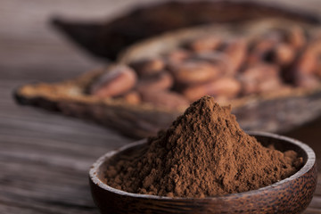 Cacao beans and powder and food dessert background