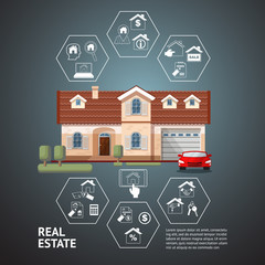 Vector illustration of house facade, car and real estate icons.
