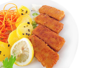 breaded tofu sticks with boiled potatoes, raw carrot balsamic salad and vegan mayonnaise