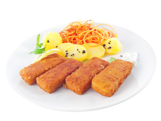 breaded tofu sticks with boiled potatoes, raw carrot balsamic salad and vegan mayonnaise