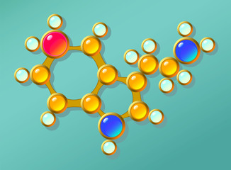 Serotonin molecule. Illustration structure from gold jewelry.