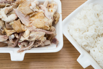 take out fast food of shredded boiled chicken with rice nearby