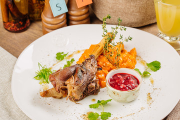Lamb shank with roasted vegetables puree