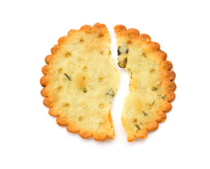 top view broken crispy cracker on a white background