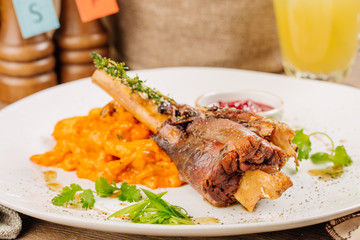 Lamb shank with roasted vegetables puree