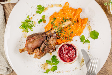 Lamb shank with roasted vegetables puree