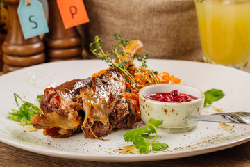 Lamb shank with roasted vegetables puree