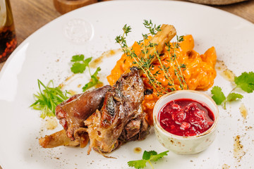 Lamb shank with roasted vegetables puree