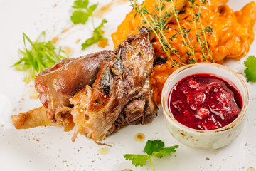 Lamb shank with roasted vegetables puree