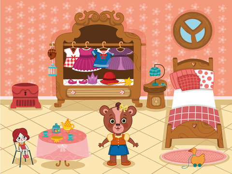 Cartoon girl bear in her bedroom. ( Vector illustration)