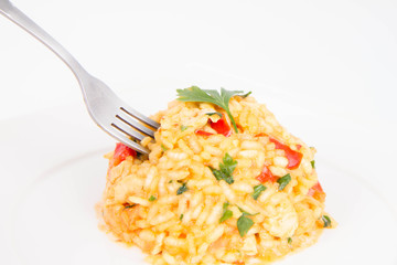 Risotto with chicken, tomatoes, bell pepper, onion and garlic on a white plate decorated with parsley being eaten with a fork
