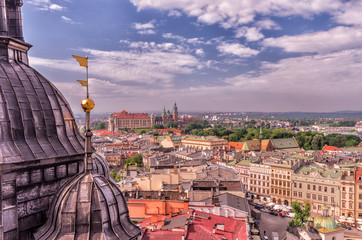 Fototapeta na wymiar Krakow Old city under blue sky seen from above
