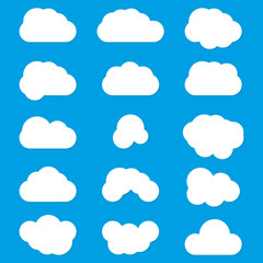 Set of Clouds vector icons white color on blue background. Cloudscape weather symbols. Sky flat illustration collection for web, art, app design