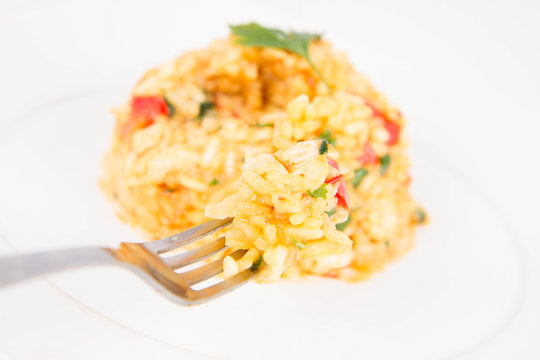 Risotto with chicken, tomatoes, bell pepper, onion and garlic on a white plate decorated with parsley being eaten with a fork
